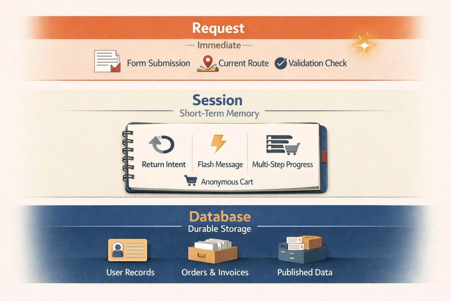 Request vs session vs database diagram