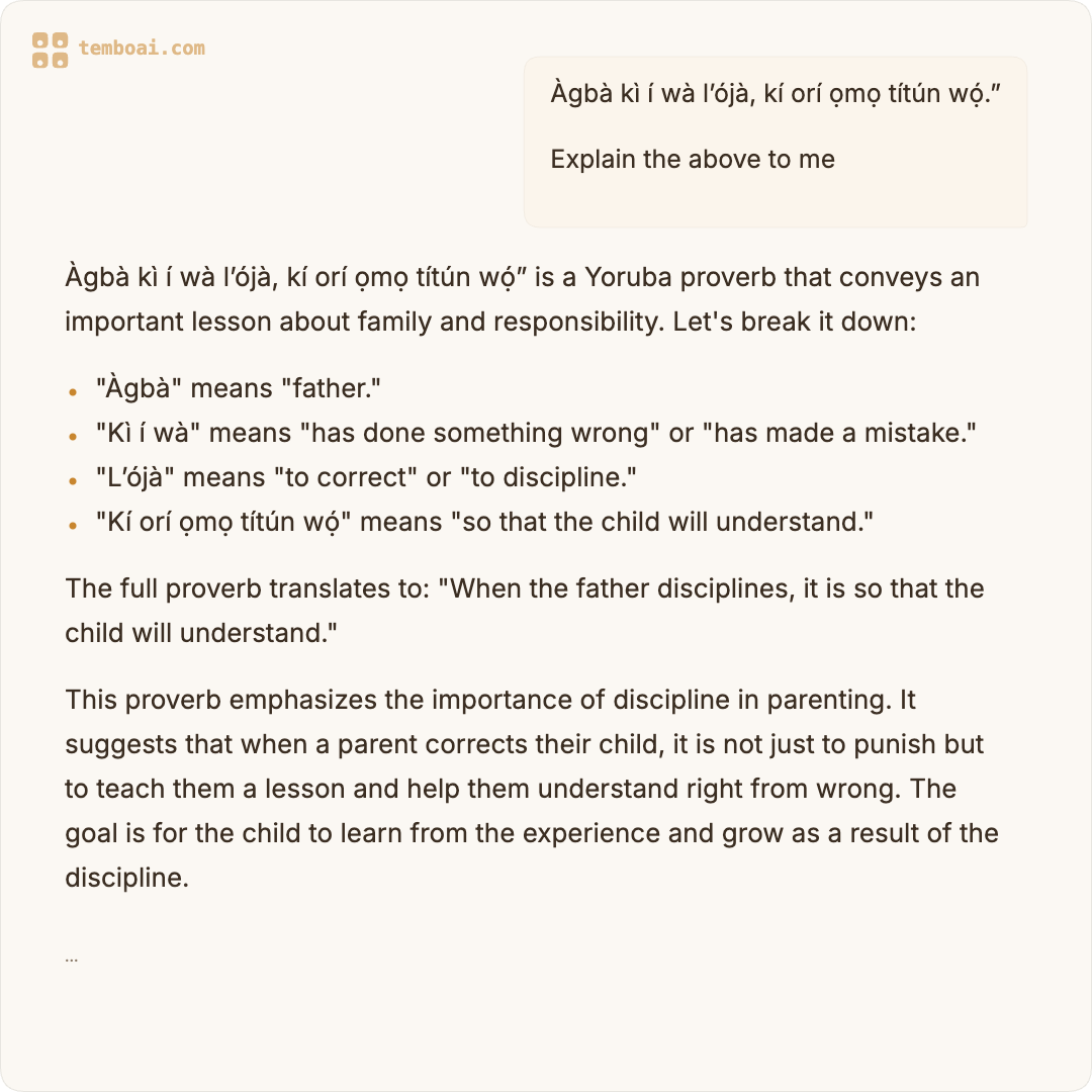Tembo AI interface showing a conversation in Yoruba
